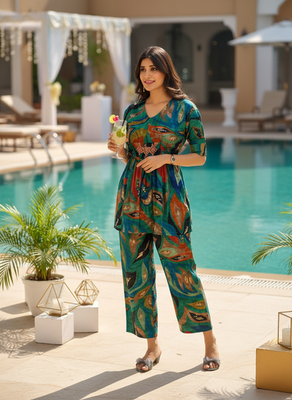 Kalki Green Modal Chanderi Co-Ord Set with Hand Embellished Mirror and Bugle Bead Detailing