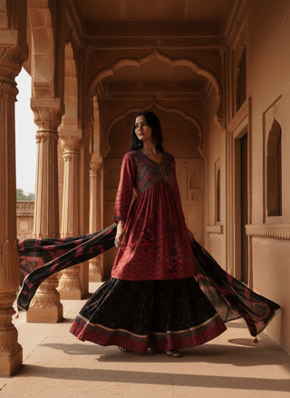 Kanishka Red Ajrakh Hand Mirror & Sequin Embellished Work Suit Set with Dupatta in Chanderi Silk