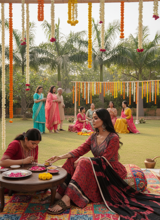 Kanishka Red Ajrakh Hand Mirror & Sequin Embellished Work Suit Set with Dupatta in Chanderi Silk