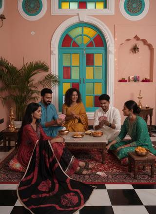 Kanishka Red Ajrakh Hand Mirror & Sequin Embellished Work Suit Set with Dupatta in Chanderi Silk