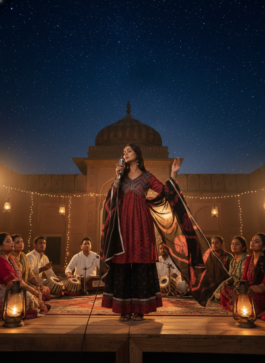 Kanishka Red Ajrakh Hand Mirror & Sequin Embellished Work Suit Set with Dupatta in Chanderi Silk