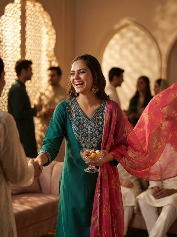 Kayra Green Multicolor Hand Embroidered Straight Fit Suit Set in Chinnon Silk with Pure Cotton Mul Lining