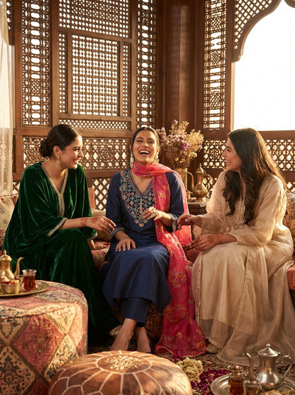 Kayra Navy Multicolor Hand Embroidered Straight Fit Suit Set in Chinnon Silk with Pure Cotton Mul Lining