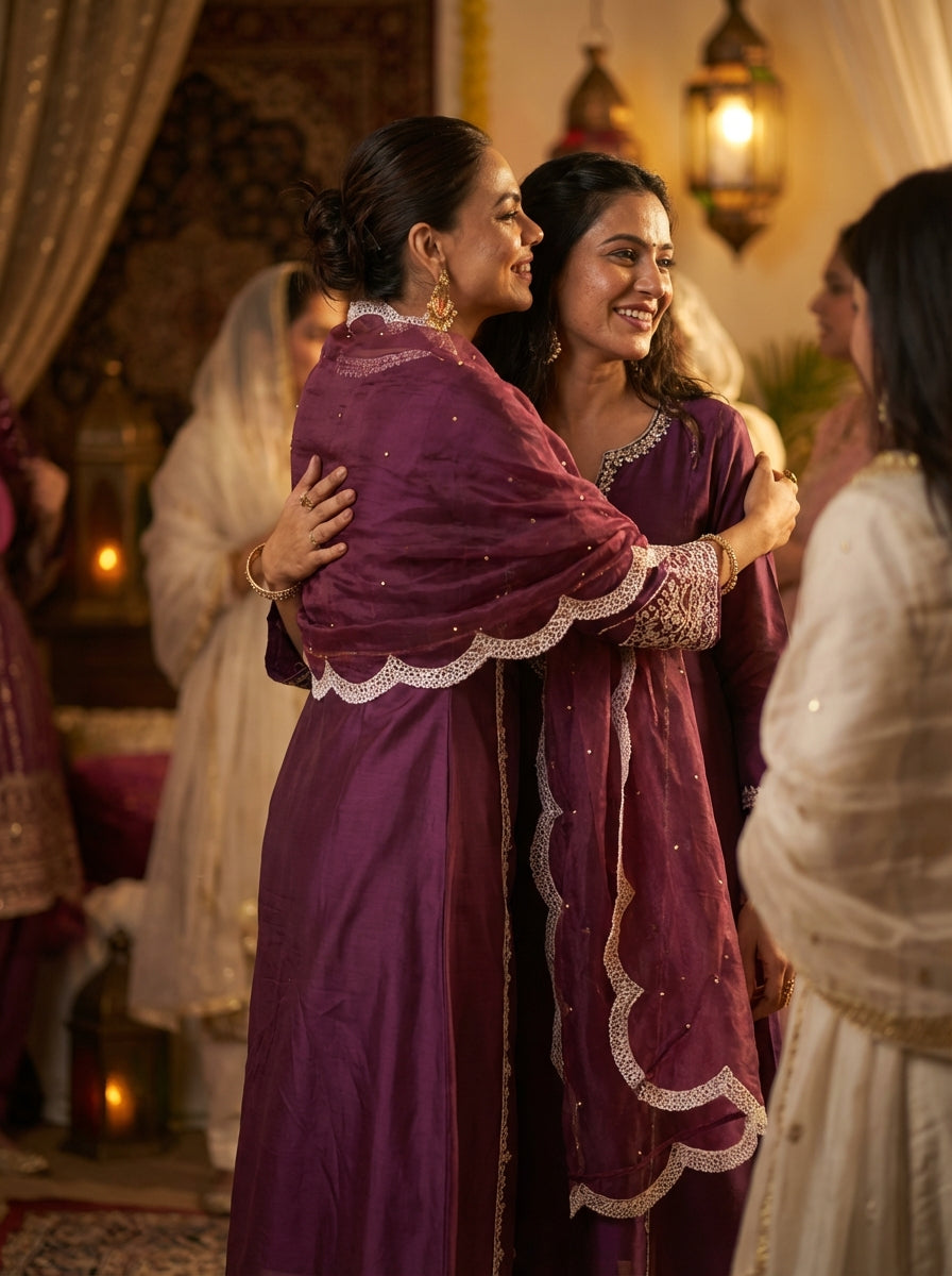 Kayra Wine Hand Aari Embroidered A-Line Suit Set in Chinnon Silk with Pure Cotton Mul Lining