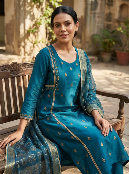 Kayra Teal Sequins Motif Work A-Line Suit Set with Lace Border Detail in Chinnon Silk with Pure Cotton Mul Lining