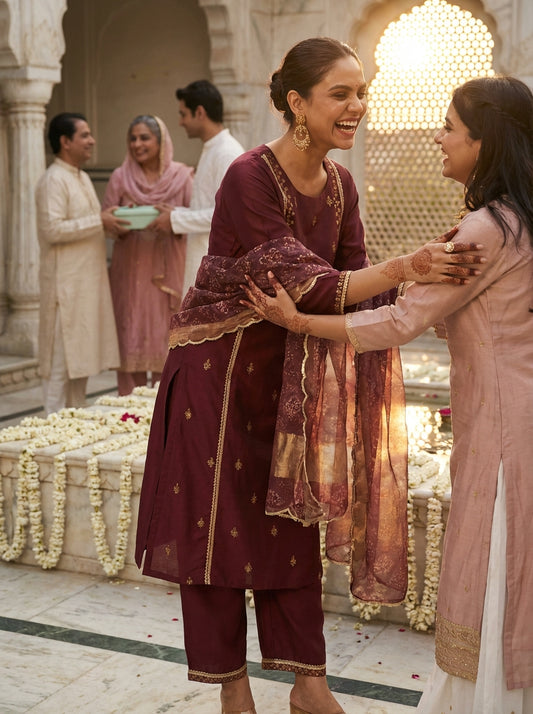 BulBul Women Kayra Maroon Embroidered Premium Silk Suit With Dupatta