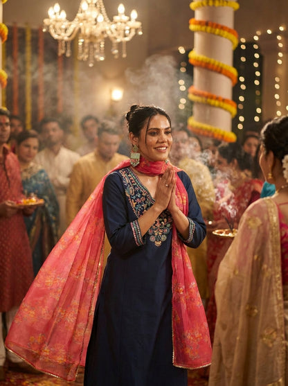 Kayra Navy Multicolor Hand Embroidered Straight Fit Suit Set in Chinnon Silk with Pure Cotton Mul Lining