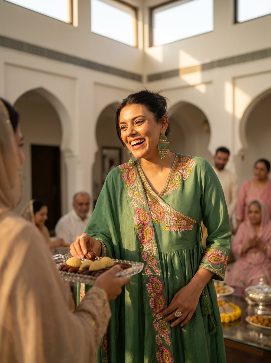 BulBul Women Green Embroidered Premium Silk Angrakha Pattern Flare Suit With Dupatta