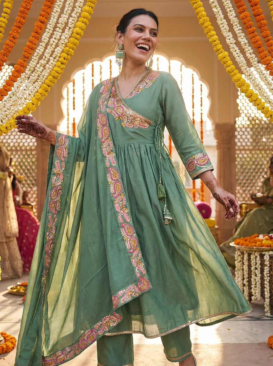Kayra Green Paisley Hand-Embroidered & Coin Sequin Work Angrakha Suit Set in Chinnon Silk with Cotton Mul Lining