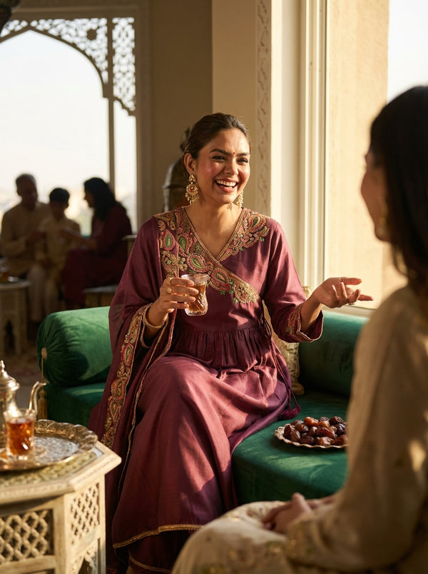 Kayra Wine Paisley Hand-Embroidered & Coin Sequin Work Angrakha Suit Set in Chinnon Silk with Cotton Mul Lining