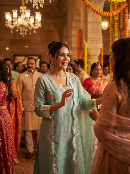 Kayra Aqua Hand Aari Embroidered A-Line Suit Set in Chinnon Silk with Pure Cotton Mul Lining