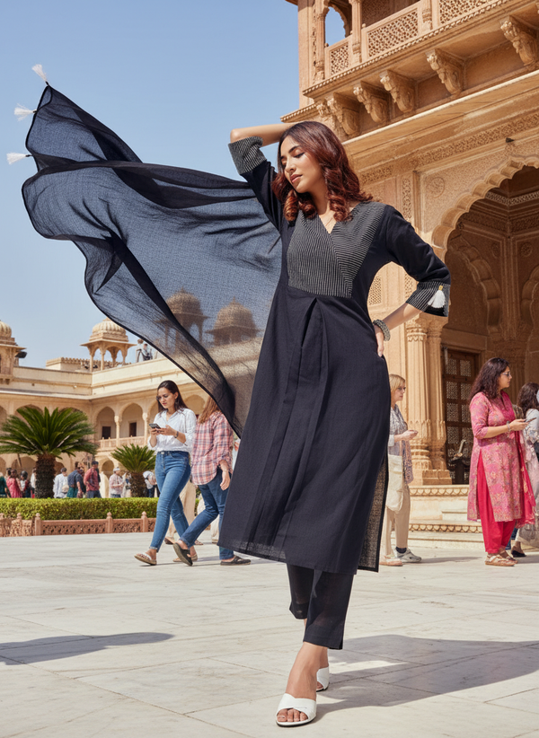 Pure Cotton  Linen Khushi Black Kurta Set with Dupatta FeaturingThread Embroidery on Neckline and Cuffs with Tassel Detailing and Cotton Lining