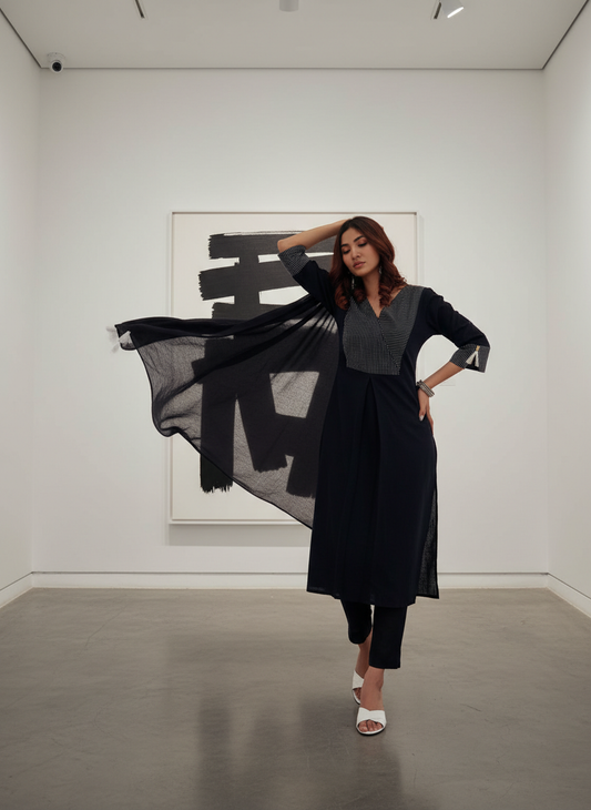 Pure Cotton  Linen Khushi Black Kurta Set with Dupatta FeaturingThread Embroidery on Neckline and Cuffs with Tassel Detailing and Cotton Lining