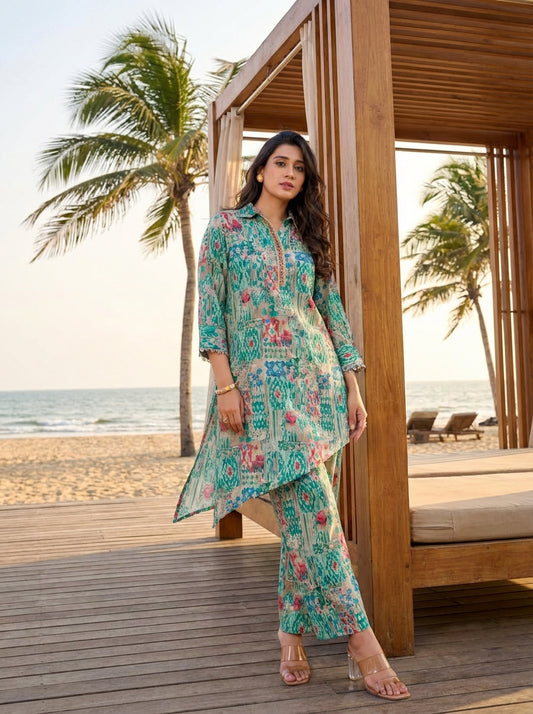 Kira Aqua Green Abstract Printed Viscose Co-Ord Set with Shisha Embroidered Placket and Coin-Pearl Detailing