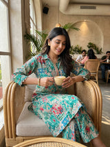 Kira Aqua Green Abstract Printed Viscose Co-Ord Set with Shisha Embroidered Placket and Coin-Pearl Detailing