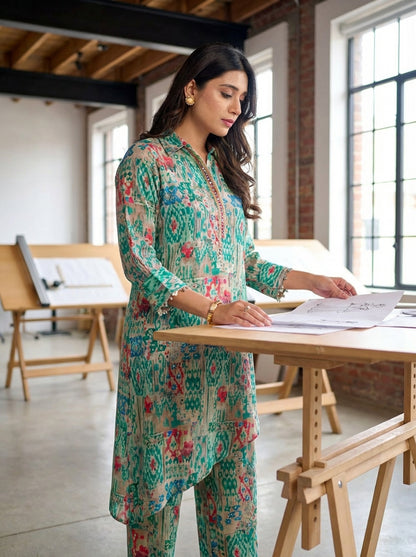 Kira Aqua Green Abstract Printed Viscose Co-Ord Set with Shisha Embroidered Placket and Coin-Pearl Detailing