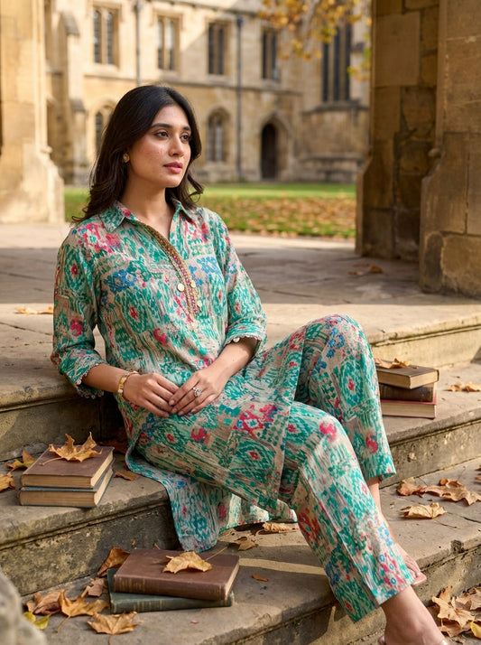 Kira Aqua Green Abstract Printed Viscose Co-Ord Set with Shisha Embroidered Placket and Coin-Pearl Detailing