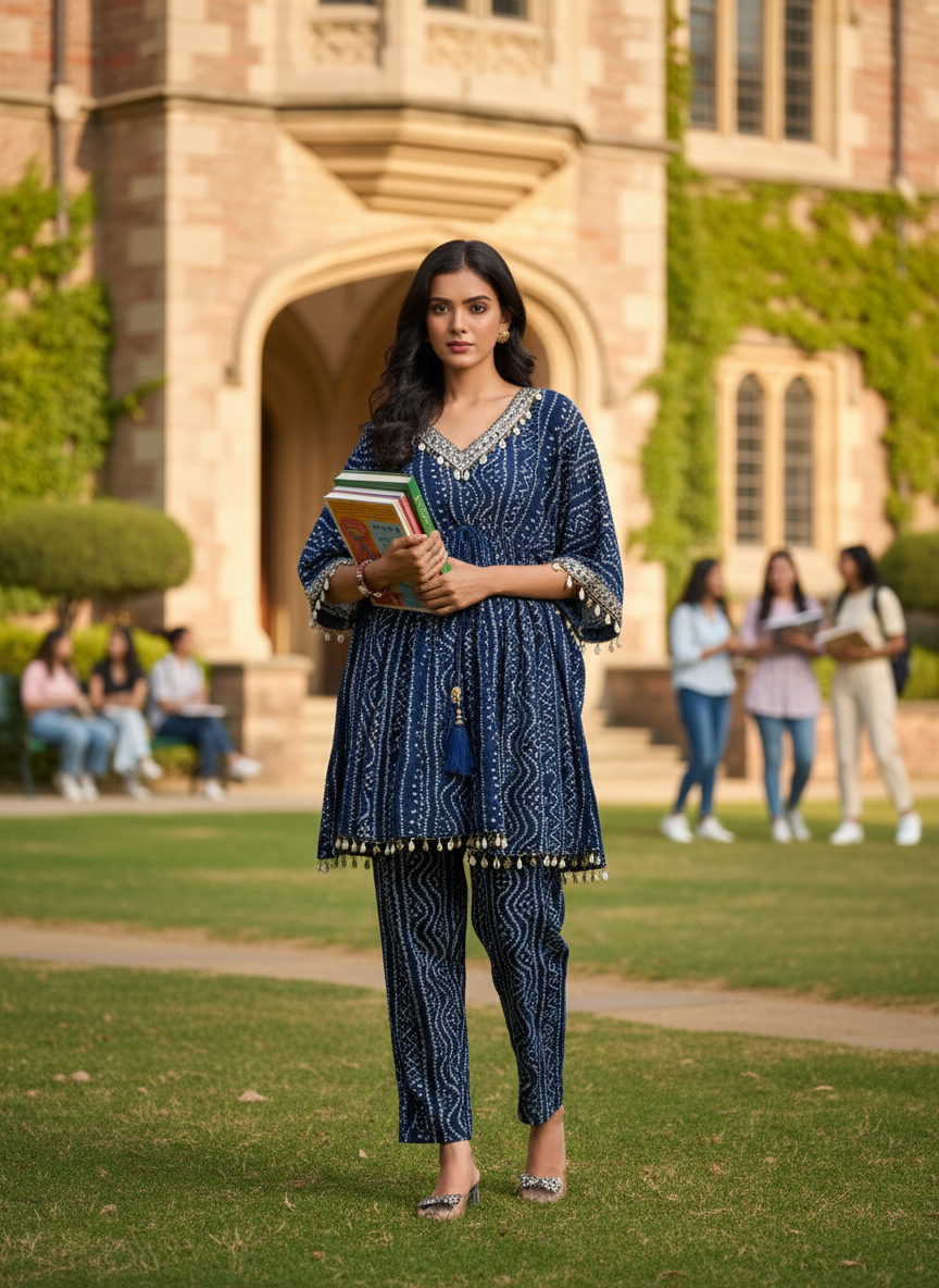 Kira Blue Bandhani Printed Viscose Co-Ord Set with Mirror Lace and Cowrie Shell Motif