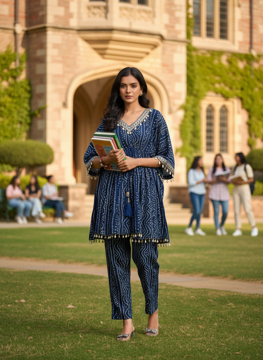 Kira Blue Bandhani Printed Viscose Co-Ord Set with Mirror Lace and Cowrie Shell Motif