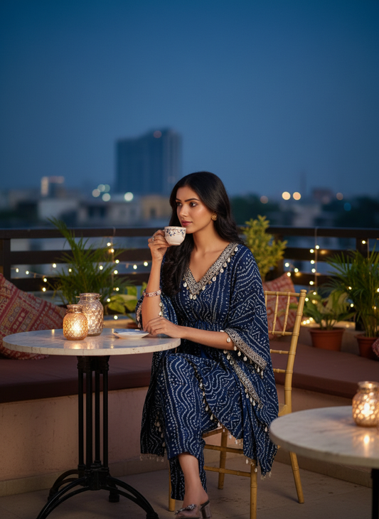 Kira Blue Bandhani Printed Viscose Co-Ord Set with Mirror Lace and Cowrie Shell Motif