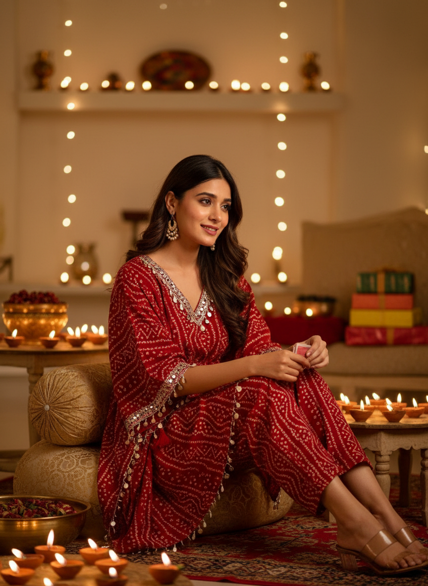 Kira Red Bandhani Printed Viscose Co-Ord Set with Mirror Lace and Cowrie Shell Motif