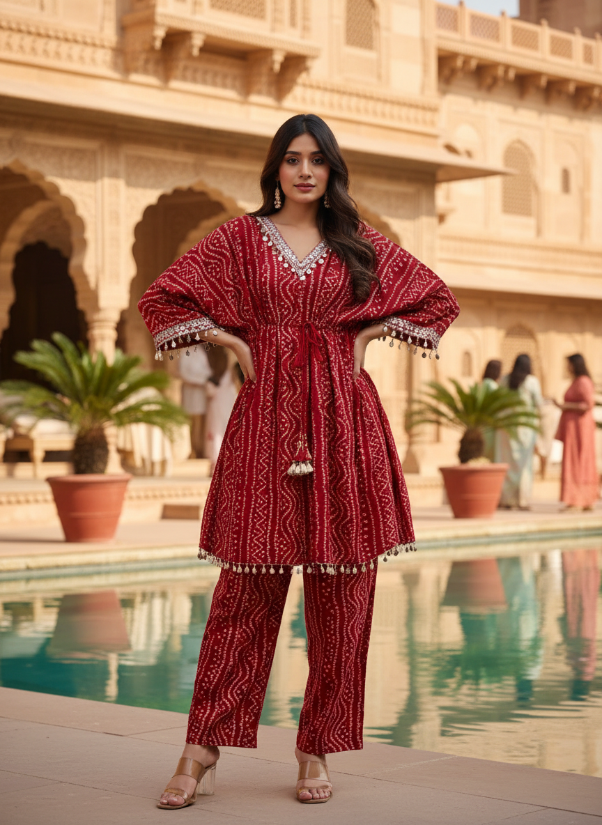 Kira Red Bandhani Printed Viscose Co-Ord Set with Mirror Lace and Cowrie Shell Motif