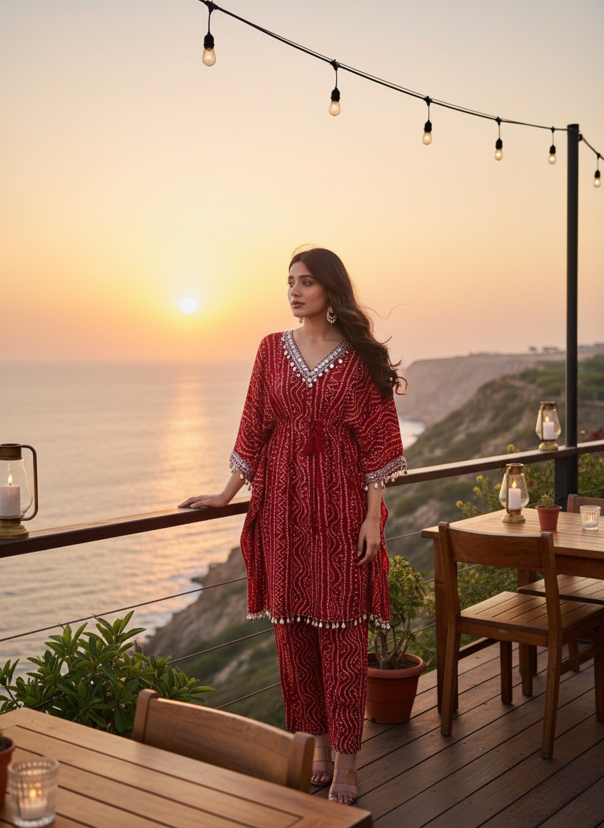 Kira Red Bandhani Printed Viscose Co-Ord Set with Mirror Lace and Cowrie Shell Motif