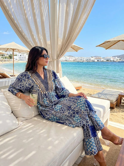 Kira Blue and Cream Patchwork Print Viscose Co-Ord Set with Embroidered Neckline, Cowrie Shell and Coin Charms