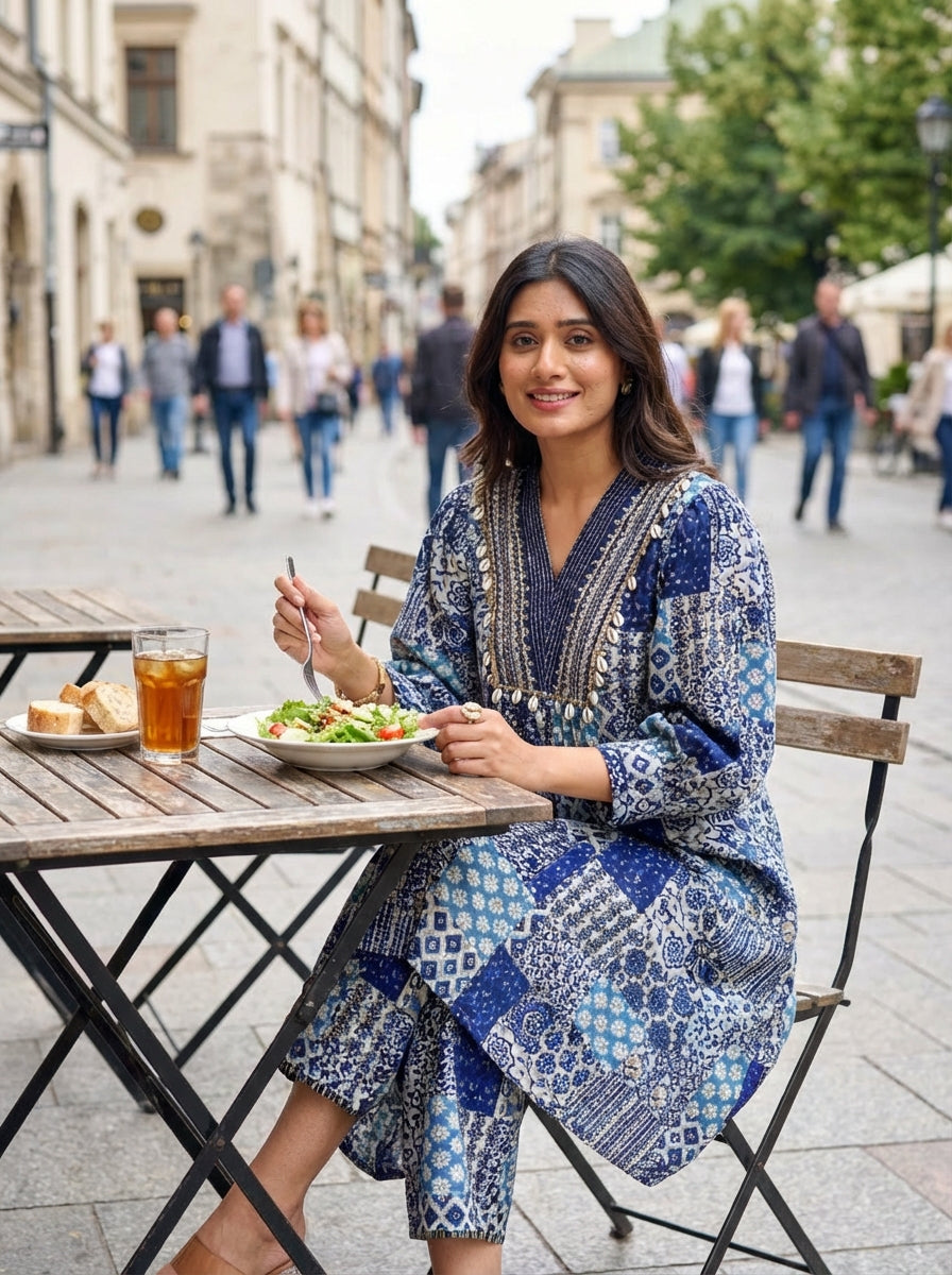Kira Blue and Cream Patchwork Print Viscose Co-Ord Set with Embroidered Neckline, Cowrie Shell and Coin Charms