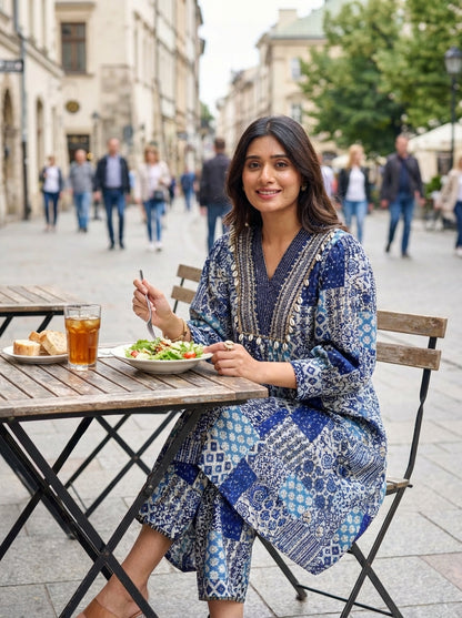 Kira Blue and Cream Patchwork Print Viscose Co-Ord Set with Embroidered Neckline, Cowrie Shell and Coin Charms