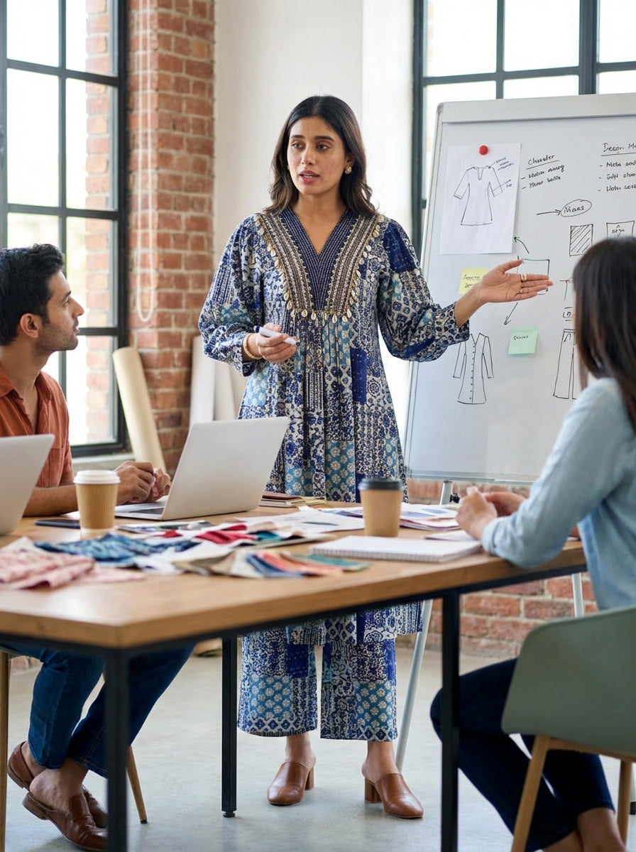 Kira Blue and Cream Patchwork Print Viscose Co-Ord Set with Embroidered Neckline, Cowrie Shell and Coin Charms