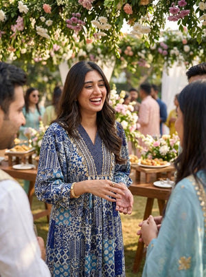 Kira Blue and Cream Patchwork Print Viscose Co-Ord Set with Embroidered Neckline, Cowrie Shell and Coin Charms