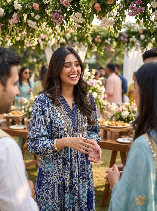 BulBul Women Blue and Cream Mixed Pattern Digital Printed Co-ord Set