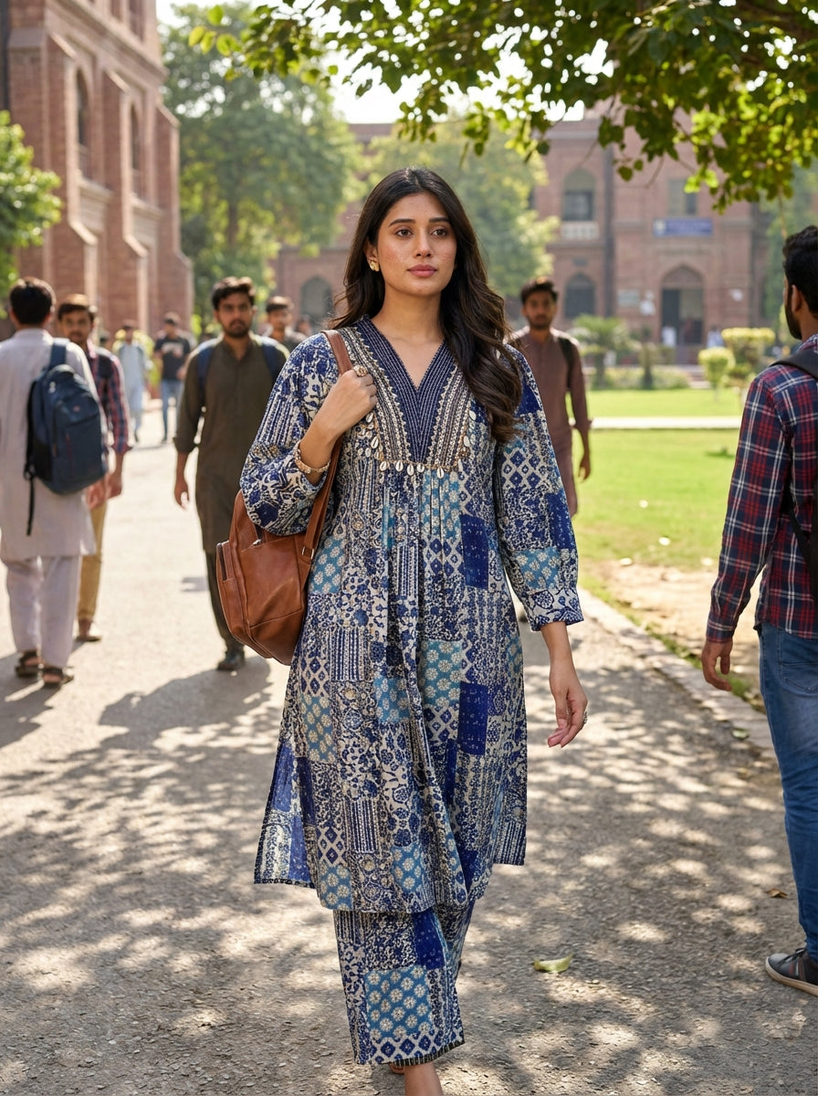 Kira Blue and Cream Patchwork Print Viscose Co-Ord Set with Embroidered Neckline, Cowrie Shell and Coin Charms