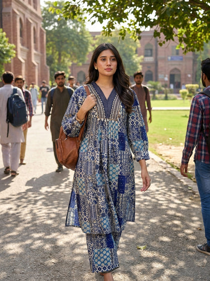 Kira Blue and Cream Patchwork Print Viscose Co-Ord Set with Embroidered Neckline, Cowrie Shell and Coin Charms