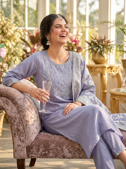 Sehmat Purple Handcrafted Suit Set with Intricate Glass Bugle & Sequin Neck Detailing and Jacquard Dupatta in Pure Muslin with Pure Cotton Mul Lining