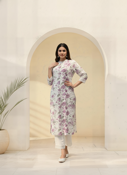 BulBul Lily Purple Floral Printed Rayon Kurta Set