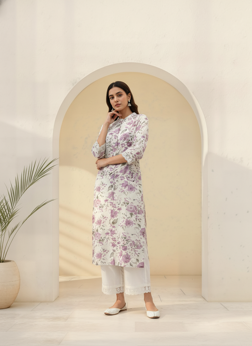 BulBul Lily Purple Floral Printed Rayon Kurta Set
