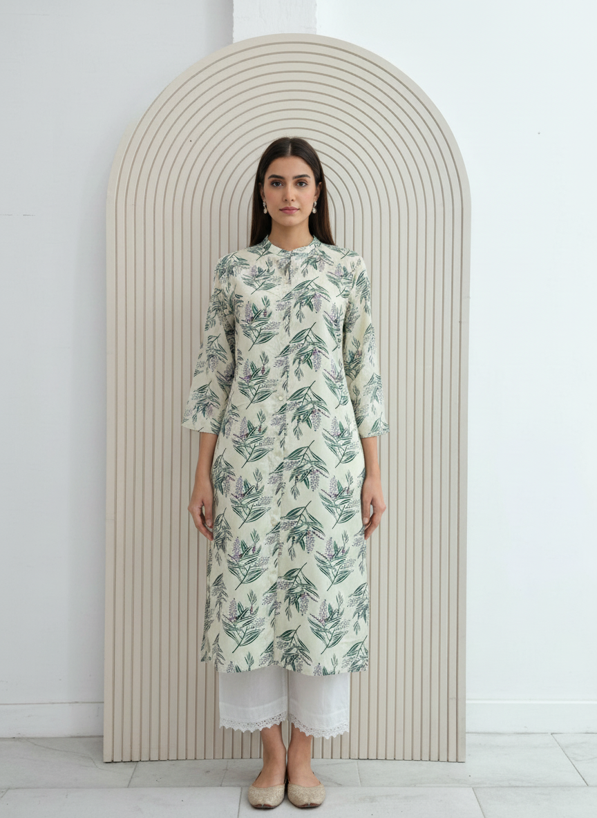 BulBul Lily Green Leaf Printed Rayon Kurta Set