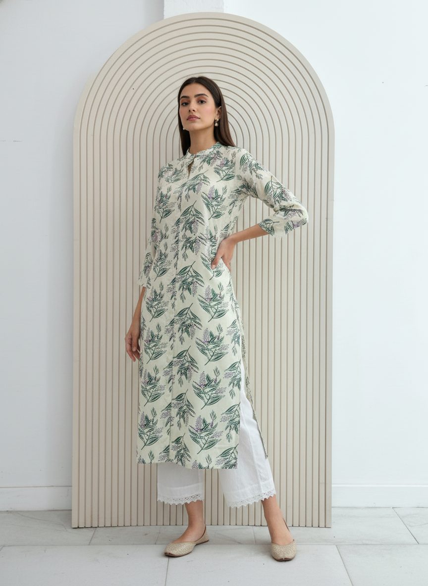 BulBul Lily Green Leaf Printed Rayon Kurta Set