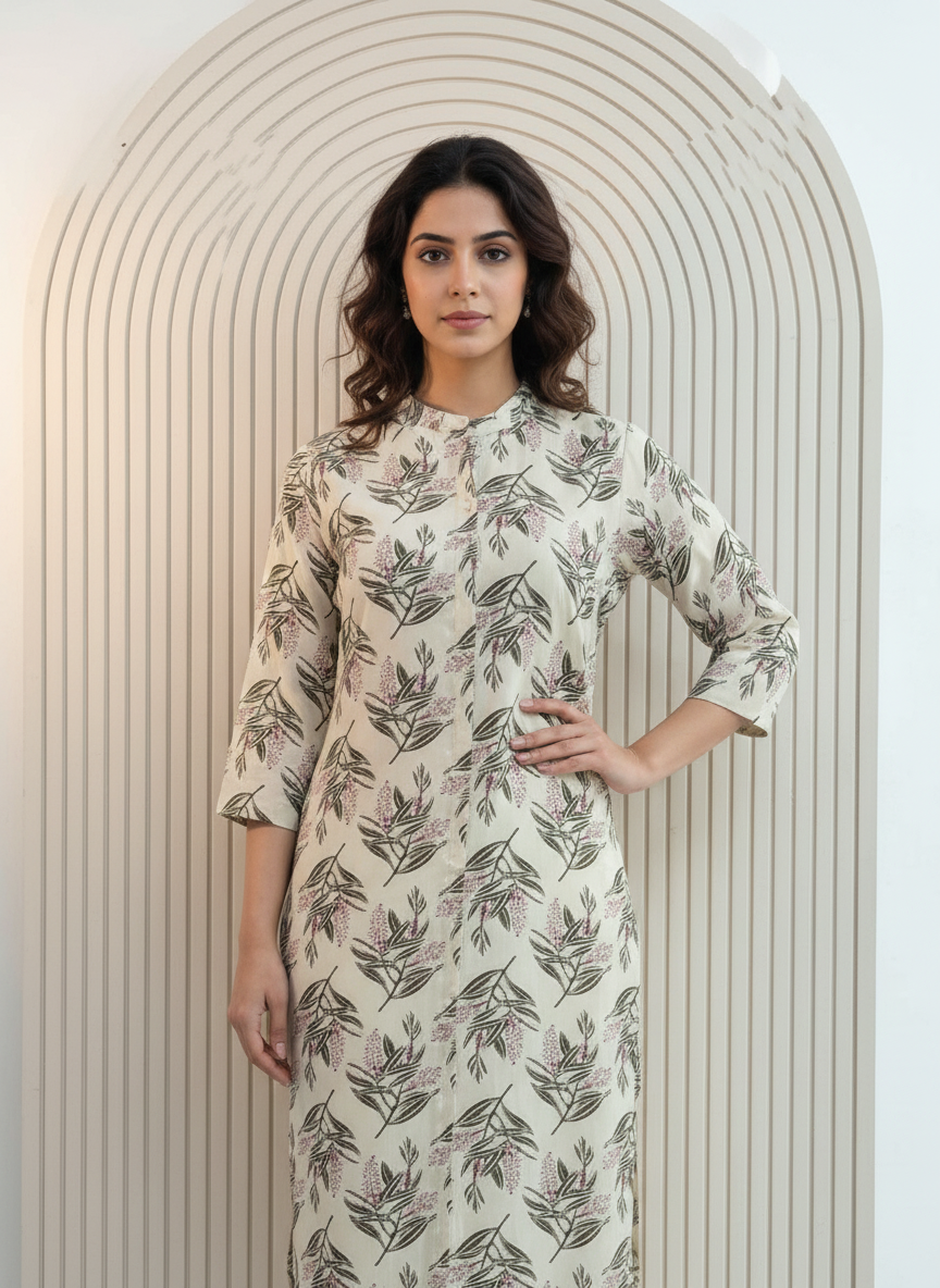 BulBul Lily Olive Leaf Printed Rayon Kurta Set
