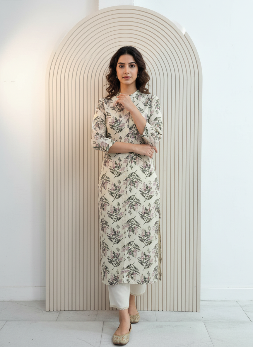 BulBul Lily Olive Leaf Printed Rayon Kurta Set