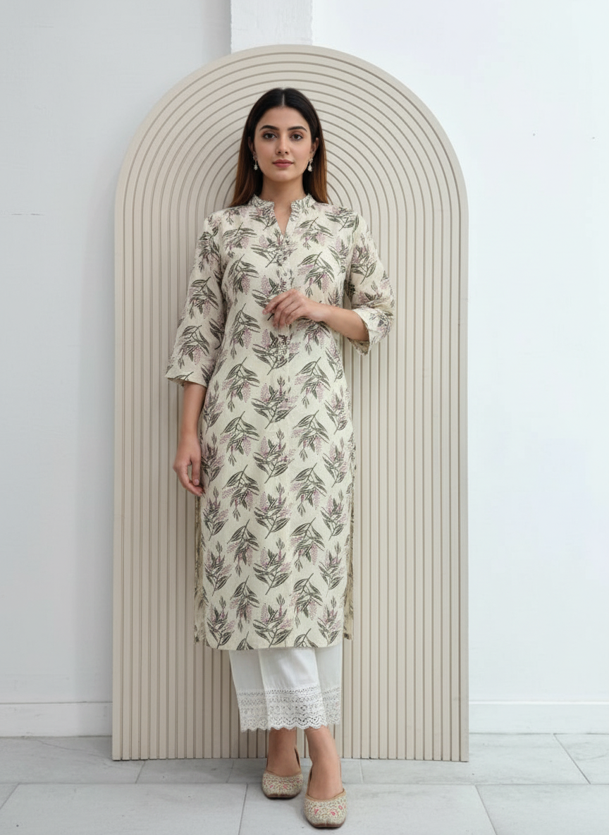 BulBul Lily Olive Leaf Printed Rayon Kurta Set