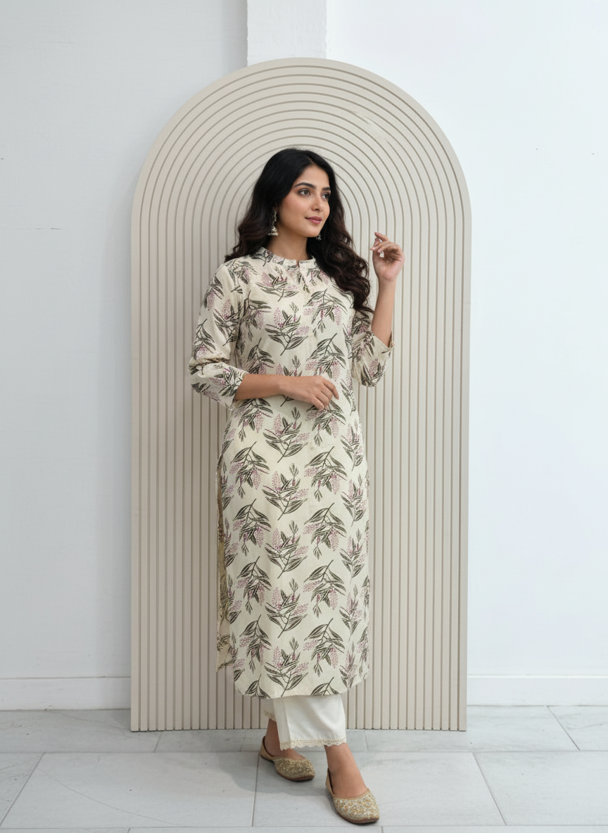 BulBul Lily Olive Leaf Printed Rayon Kurta Set