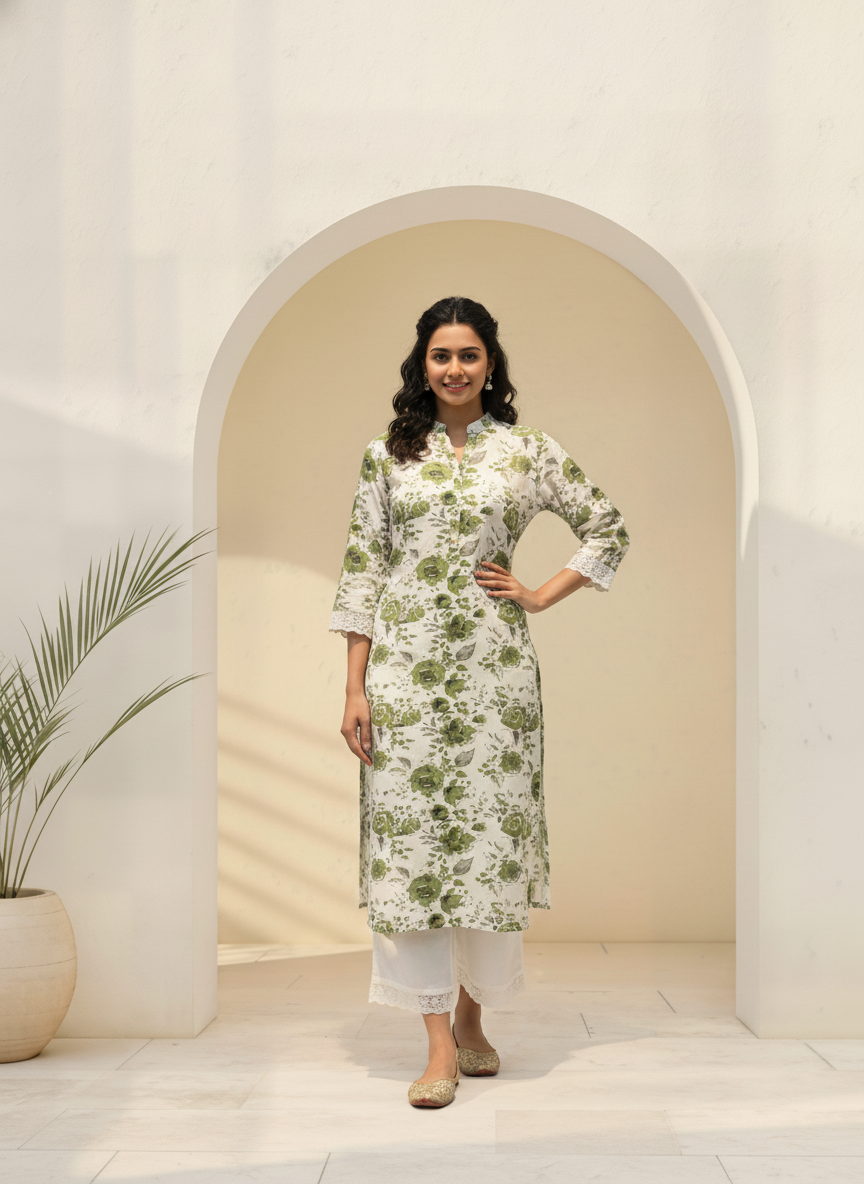 BulBul Lily Green Floral Printed Rayon Kurta Set