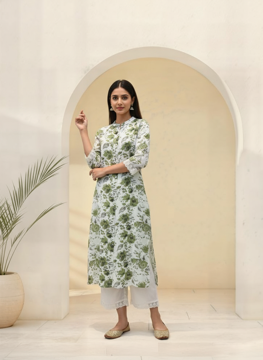 BulBul Lily Green Floral Printed Rayon Kurta Set
