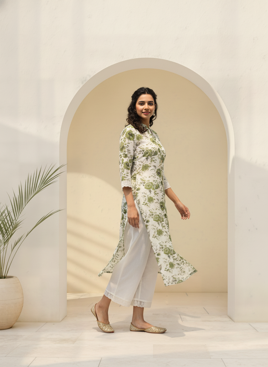 BulBul Lily Green Floral Printed Rayon Kurta Set