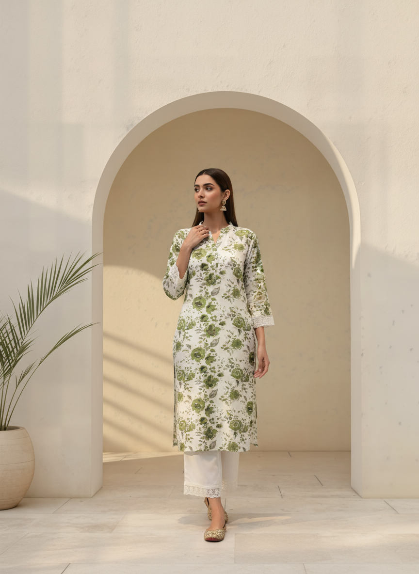 BulBul Lily Green Floral Printed Rayon Kurta Set