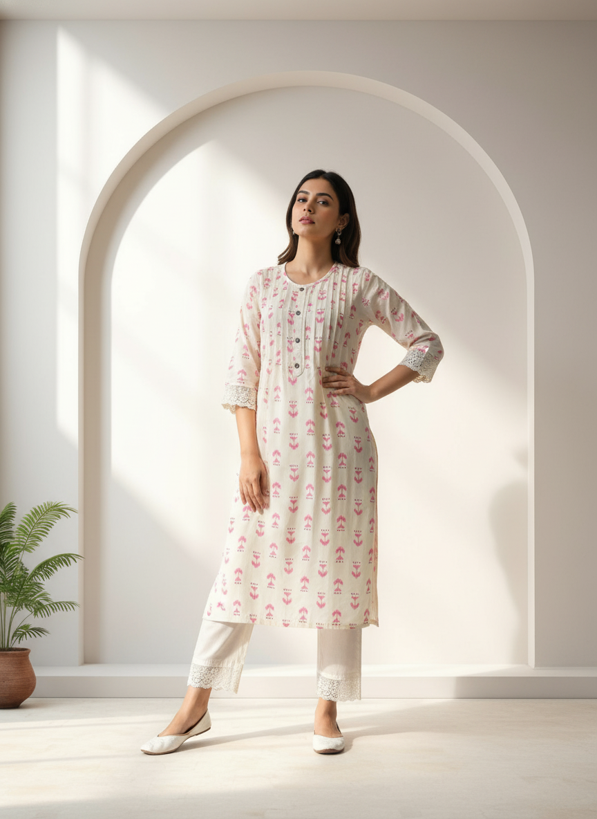 BulBul Lily Pink Abstract Printed Rayon Kurta Set