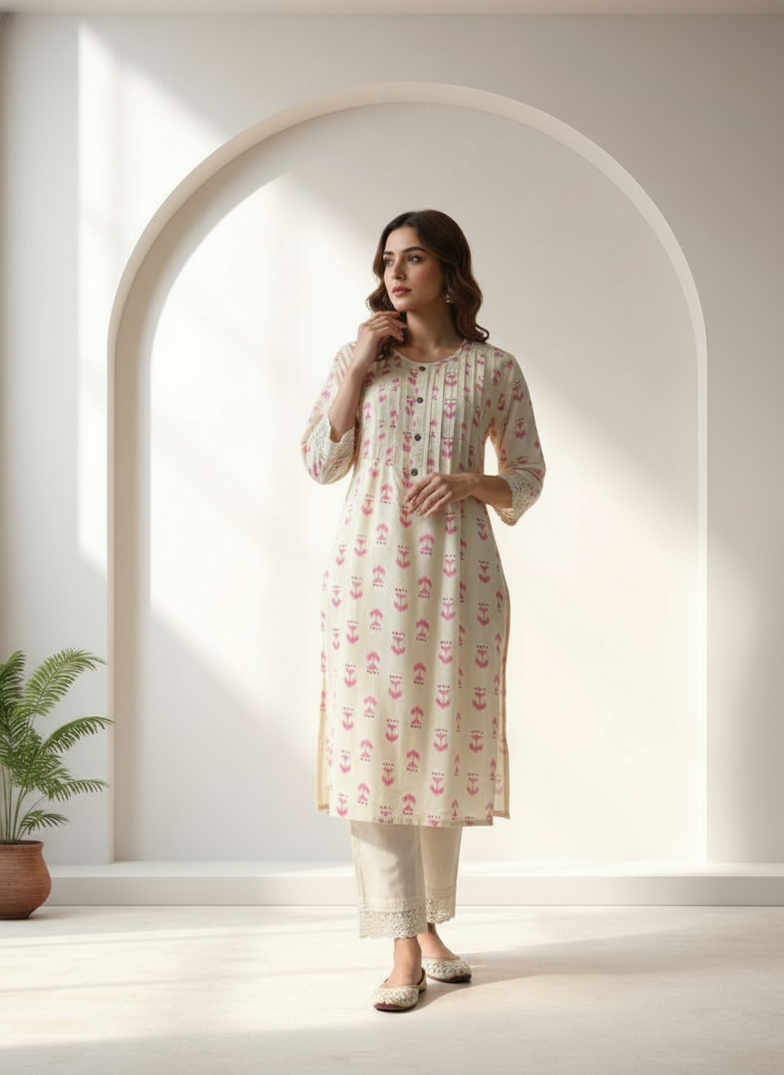 BulBul Lily Pink Abstract Printed Rayon Kurta Set